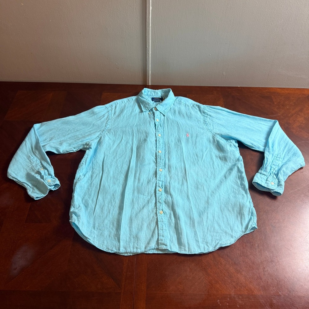 Polo Ralph Lauren Mens XXL Classic Fit Linen Shirt Turquoise Blue Pink Pony Logo